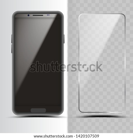 Smartphone And Screen Protector Glass Cover Vector. Transparent Tempered Protector Shield For Mobile Phone Device. Modern Cellphone Display Defense Accessory Realistic 3d Illustration Royalty-Free Stock Photo #1420107509