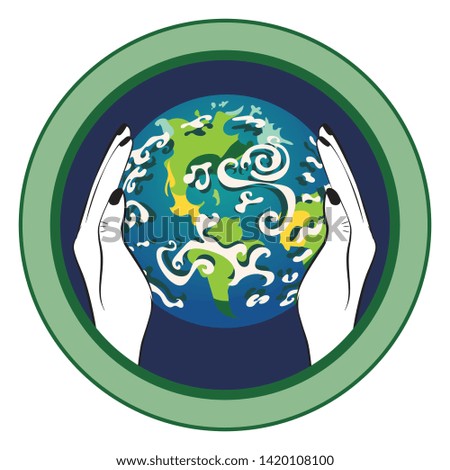Cartoon human hands holding Earth planet, eco themed design.