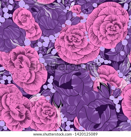 Vector. Fantasy flowers - decorative composition. Flowers with long petals. Wallpaper. Seamless patterns Use printed materials, patterns for fabrics, posters, cards, packaging.