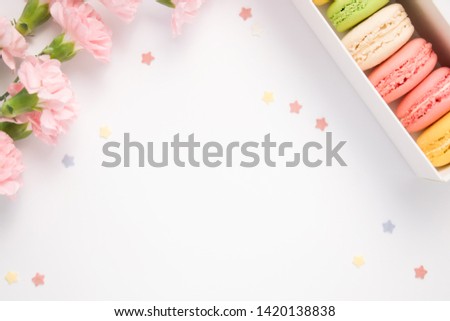 Carnation flowers and colorful macaroons. Isolated. Beautiful background with copy space.