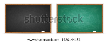 Chalkboard set. Realistic black and green blackboard in wooden frame isolated on whit background. Blackboard collection. Rubbed out dirty chalkboard. Background for school or restaurant design, menu Royalty-Free Stock Photo #1420144151