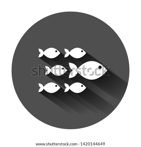 Fish sign icon in flat style. Goldfish vector illustration on black round background with long shadow. Seafood business concept.