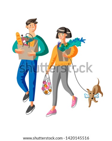 Young couple buying food at market flat vector illustration. Wife and husband shopping with dog. Happy people buying products. Couple cartoon characters with product bags. Satisfied customers
