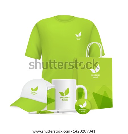 Business identity. Branding design corporate souvenirs promotional items clothing cup cap pen lighter vector realistic mockup. Illustration of cap, cup and t-shirt with company logo advertising Royalty-Free Stock Photo #1420209341