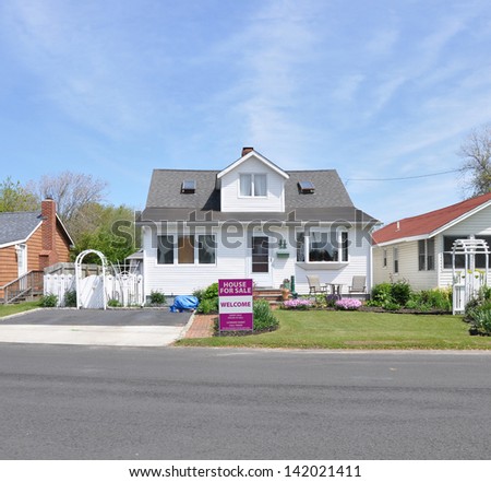 Real Estate For Sale Sign Suburban Bungalow Home Sunny Blue Sky