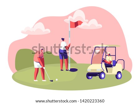 Golf Tournament, Young People Playing Sport Game on Course with Green Grass, Flagstick, Hole, Cart and Professional Equipment, Summer Spare Time, Luxury Recreation, Cartoon Flat Vector Illustration