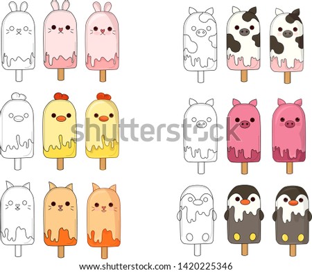 Cute animals ice cream illustration. Coloring paper, page, book
