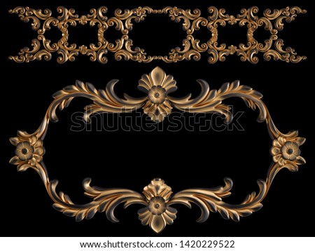 Black ornament with gold patina on a black background. Isolated. 3D illustration