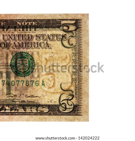 Watermark on a genuine five dollars banknotes