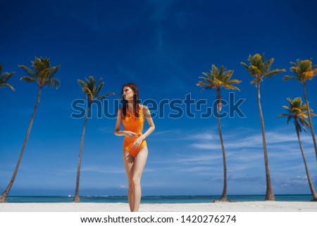 pretty woman yellow swimsuit for a trip travel nature relax romance sun exoticism