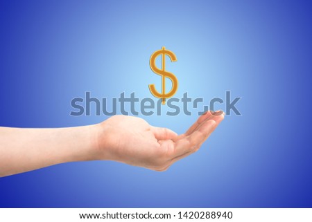Hand with open palm and dollar money business sign on blue background
