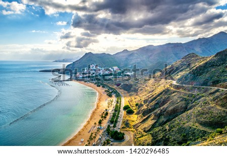 Amazing view of beach las Teresitas with yellow sand. Location: Santa Cruz de Tenerife, Tenerife, Canary Islands, Spain. Artistic picture. Beauty world.