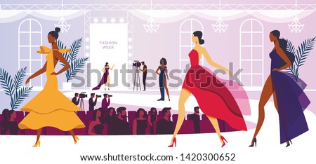Fashion Week Event with Beautiful Women Models Walking on Podium, Presenting New Collection of Dresses. Audience Watching and Cameramen Broadcasting Presentation. Cartoon Flat Vector Illustration.