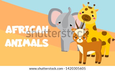 Cute cartoon african animals. Elephant, giraffe, antelope. banner.