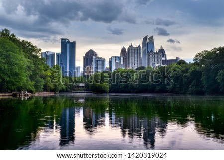 Pond in Piedmont Park and Skyline of Downtown Atlanta in Background - Atlanta, Georgia, USA