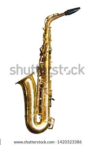 Old saxophone isolated on white background with clipping path Royalty-Free Stock Photo #1420323386