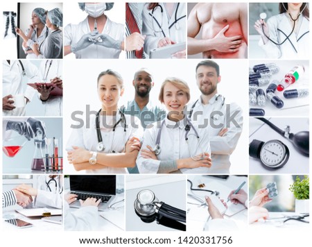 Healthcare people group. Professional male and female doctors posing at hospital office or clinic. Medical technology research institute and doctor staff service concept. Creative collage.