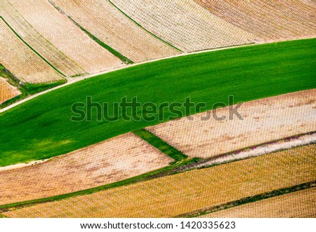 Abstract drawing on an agricultural field formed by beveled and not beveled strips in France