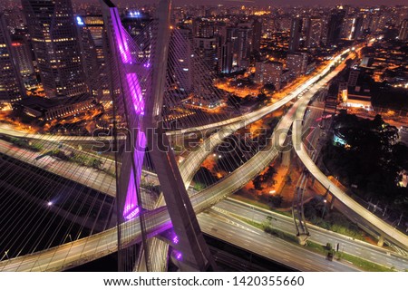 Estaiada's bridge aerial night view. São Paulo, Brazil. Business center. Financial Center. Great landscape. Famous cable-stayed bridge of Sao Paulo. Business city. Business travel. Travel destination Royalty-Free Stock Photo #1420355660