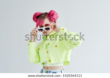 woman with glasses style fashion pink hair