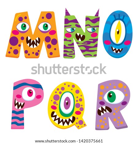 Halloween alphabet with funny m n o p q r monster characters