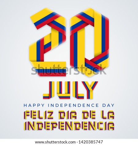 Congratulatory design for July 20, Colombia Independence Day. Text made of bended ribbons with Colombian flag colors. Translation of Spanish inscription: Happy Independence day. Vector illustration.