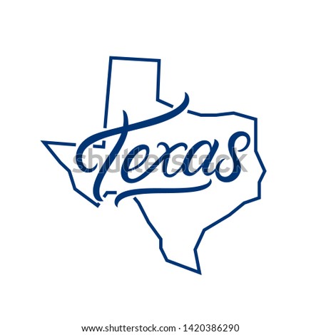 Texas hand written lettering logo, emblem, label with map. Print for tee, typography. USA Texas calligraphy design. Vector illustration.