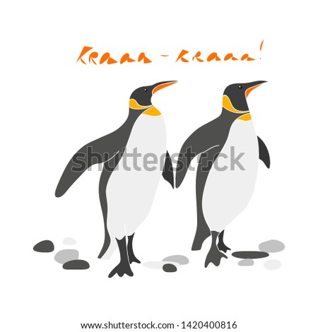 Сouple of cute king penguins vector hand drawn illustration. Sea birds with stones and inscription Kra isolated clipart. Postcard design element, kids game, book, t-shirt, textile