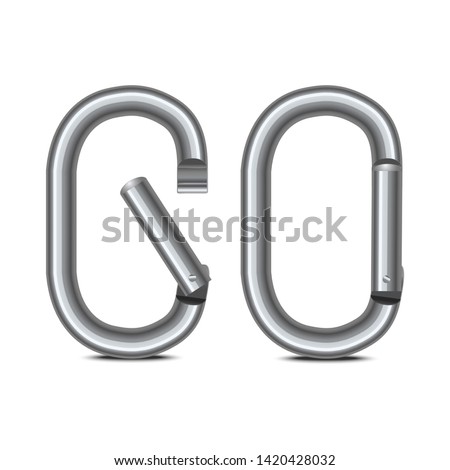 Realistic 3d Detailed Metallic Carabiner Set Open and Closed View for Mountaineering and Hiking. Vector illustration of Aluminum Carabiners