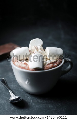 A cup of hot chocolate with cream and marshmallow
