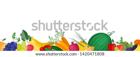 Horizontal banner template with fresh ripe locally grown fruits and vegetables at bottom edge. Vector illustration for grocery store promotion, advertisement of healthy organic veggie products. Royalty-Free Stock Photo #1420471808
