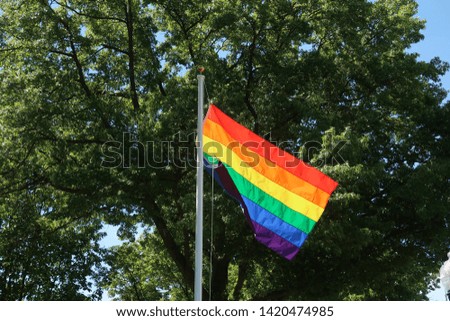 Colorful rainbow flag on a beautiful summer afternoon. The flag is also known as the Gay Pride Flag or the LGBTQ flag.