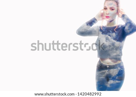 abstract concept of girl dressed in clouds on a white background