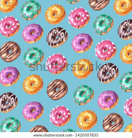 Donuts. Watercolor hand drawn sketch illustration of colorful glazed donuts isolated on blue background