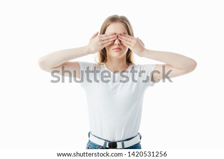 teenage girl covering eyes with hands isolated on white with copy space