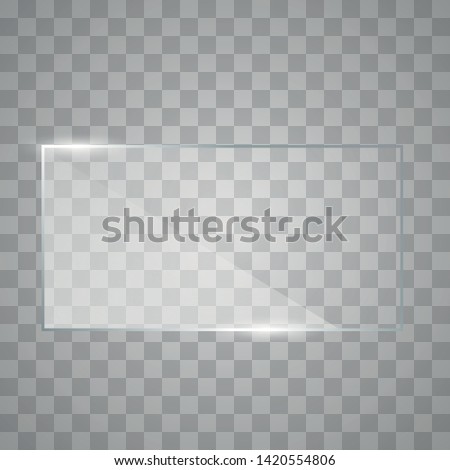Blank, transparent vector glass plate. Vector square glass frame. Clear glass showcase. Realistic window mockup. 