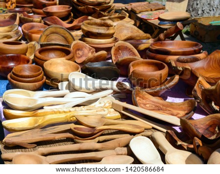 Hand made wooden dishes. Eco crockery. Fair - an exhibition of folk craftsmen open air.