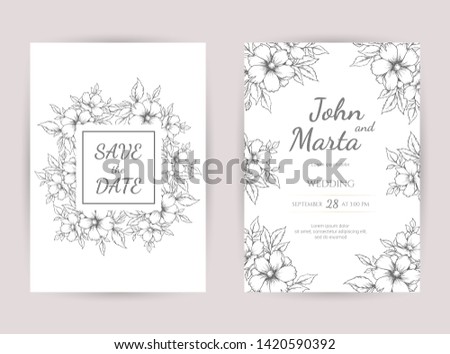 wedding invitation with summer flowers. Black and white vector illustration. floral black line art ink drawing with geometric frame. eps 10.