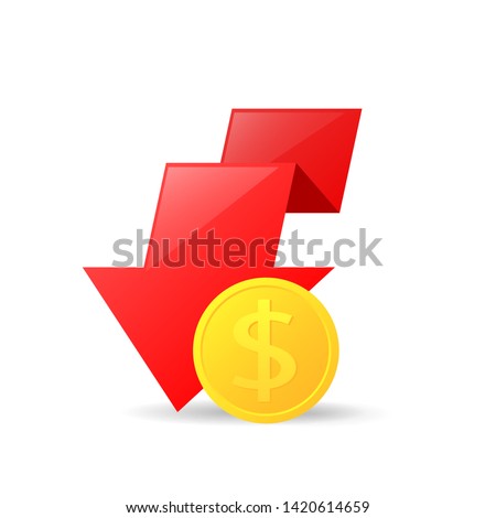 Dollar coin with arrow down. Reduce costs clipart concept image isolated on white background