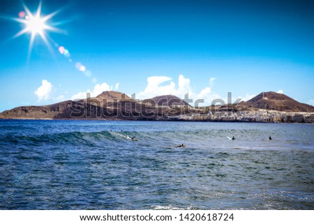 Summer beach of free space and surfers on waves. Gran Canaria islands landscape and sunny day. 