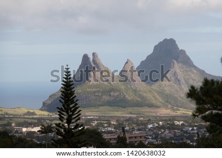 Panoramic photograph of sea and mountain in Mauritius, in the Indian Ocean