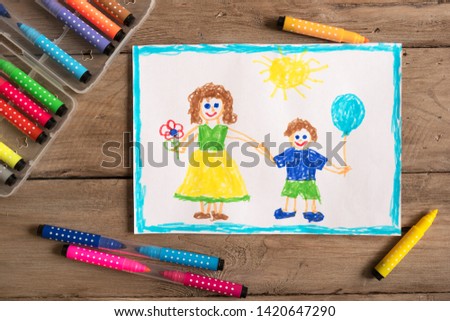 Children's drawing of family single mom and son. Incomplete family concept.