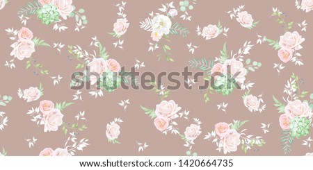 Seamless pattern with elegant greenery and beautiful roses,watercolor effect