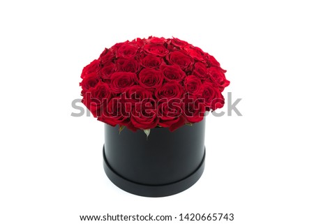 luxury bouquet of flowers in the hat box with copy space. roses White Isolate background Royalty-Free Stock Photo #1420665743