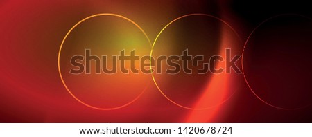 Bright neon circles and wave lines, glowing shiny background design template, digital techno concept. Luminous swirl trail, slow shutter speed effect.