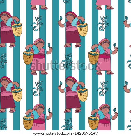 Seamless pattern with tea collector against lined background
