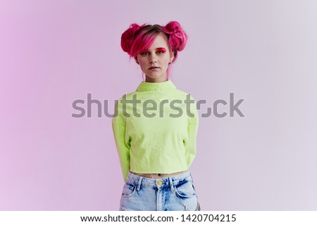 woman with pink hair makeup retro style