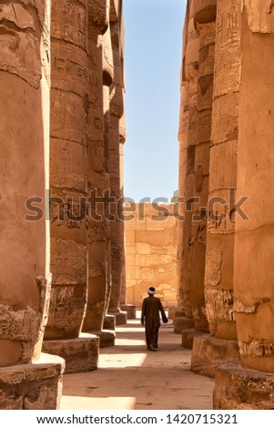 Man in traditional Arab clothes walks among the massive pillars of the Great Hypostyle Hall within the Karnak temple complex (about 1250 BC), Luxor, Egypt