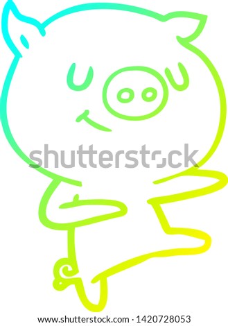 cold gradient line drawing of a happy cartoon pig dancing