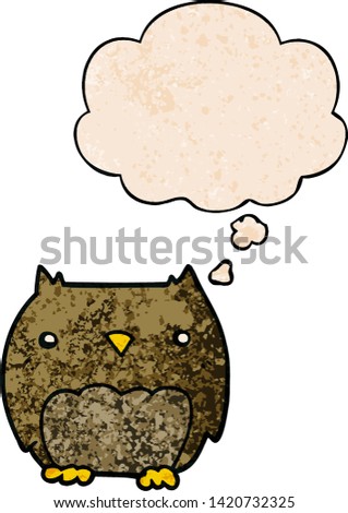 cute cartoon owl with thought bubble in grunge texture style